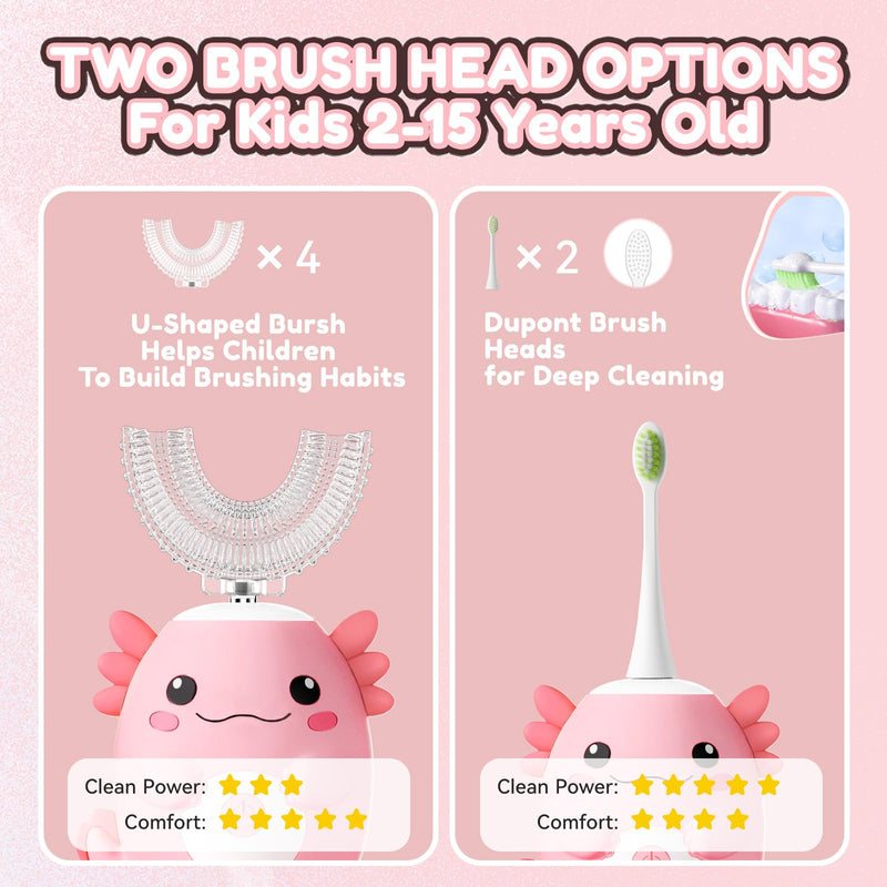 ELOTAME Kids Electric U-Shaped Toothbrush | Axolotl Pink, 6 Heads, 6 Modes, Ages 2-15