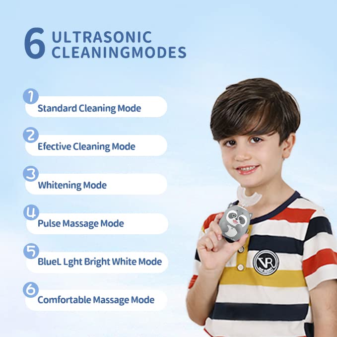ELOTAME Kids Electric U-Shaped Toothbrush | 6 Modes, 4 Heads, Gray (Ages 2-7)