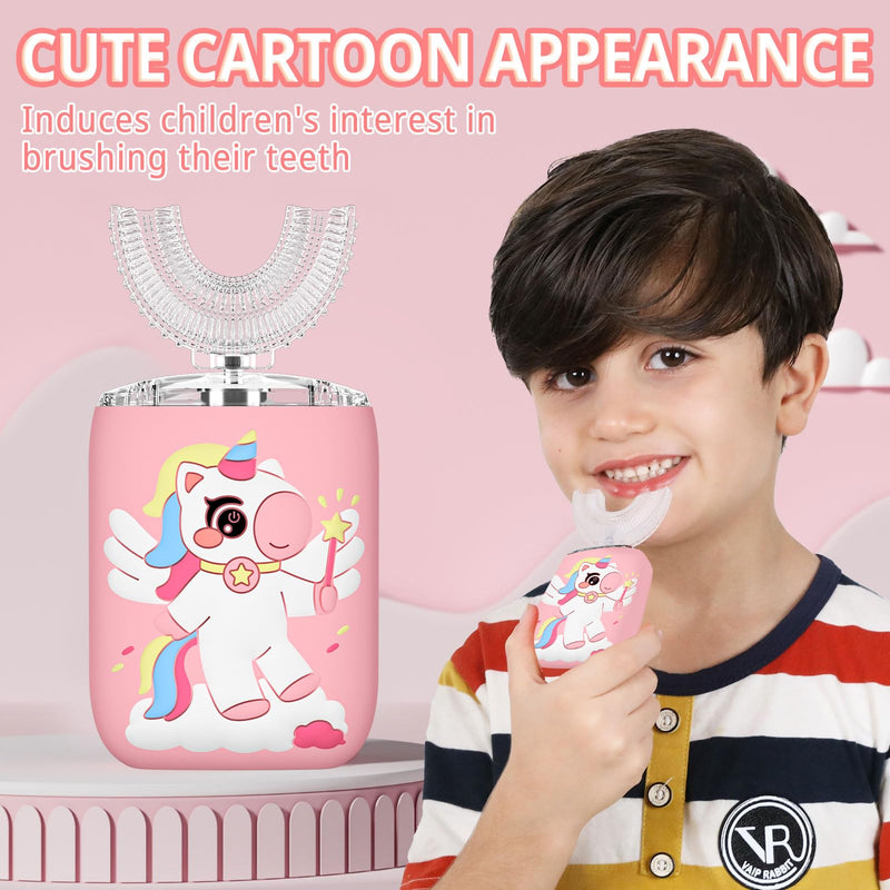 ELOTAME Kids Electric U-Shaped Toothbrush Unicorn Pink - 6 Modes, 4 Soft Heads, IPX7 Waterproof, Rechargeable (2-15 Years)