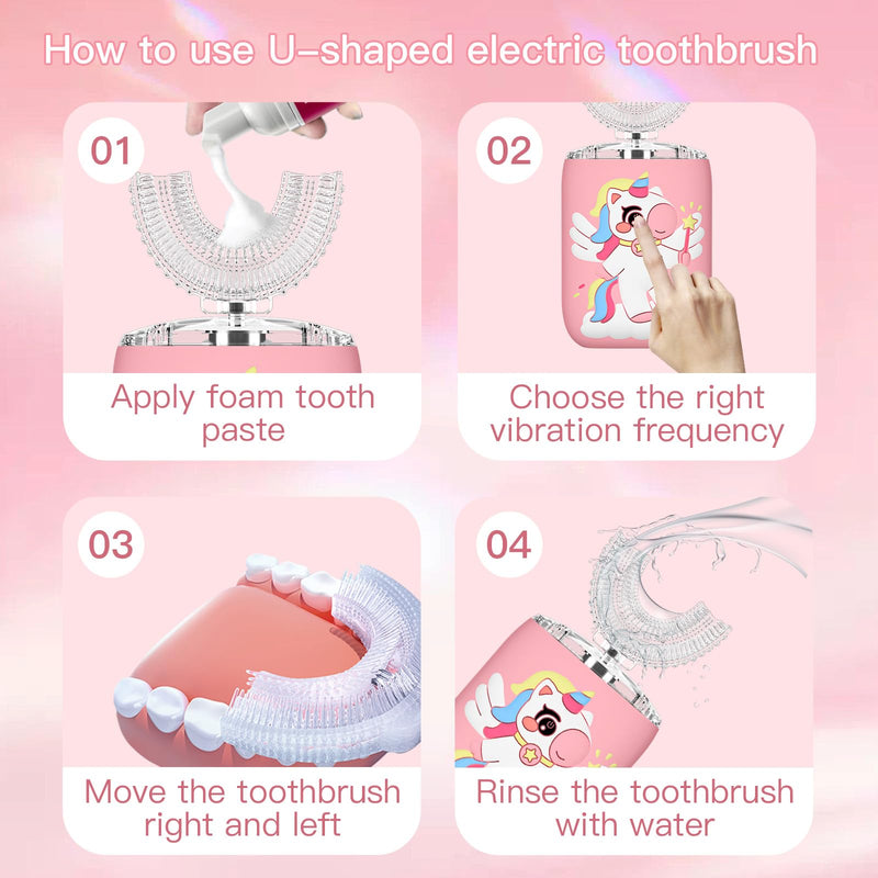 ELOTAME Kids Electric U-Shaped Toothbrush – Unicorn Pink, Rechargeable Sonic, IPX7, 4 Soft Heads (Ages 2-7)