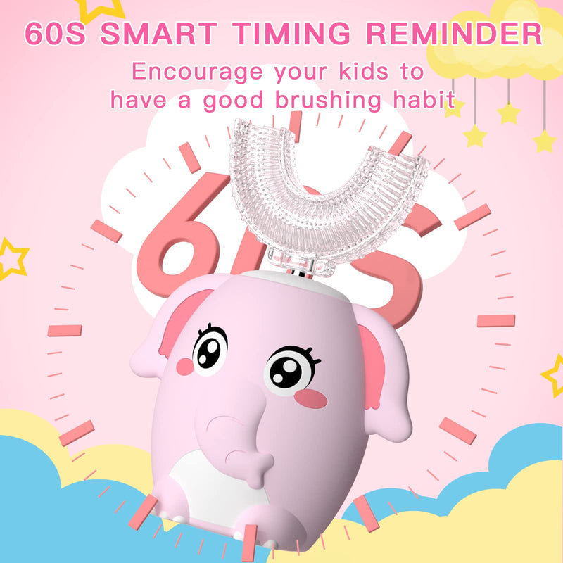 ELOTAME Kids Electric U-Shaped Toothbrush – 4 Heads, 6 Modes, IPX7, 360° Clean (Ages 8-15) Pink