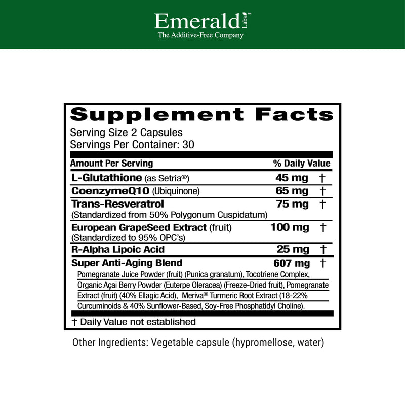 Emerald Labs Anti-Aging Cellular Complex | Setria L-Glutathione, CoQ10 & Resveratrol - 60 Veggie Capsules