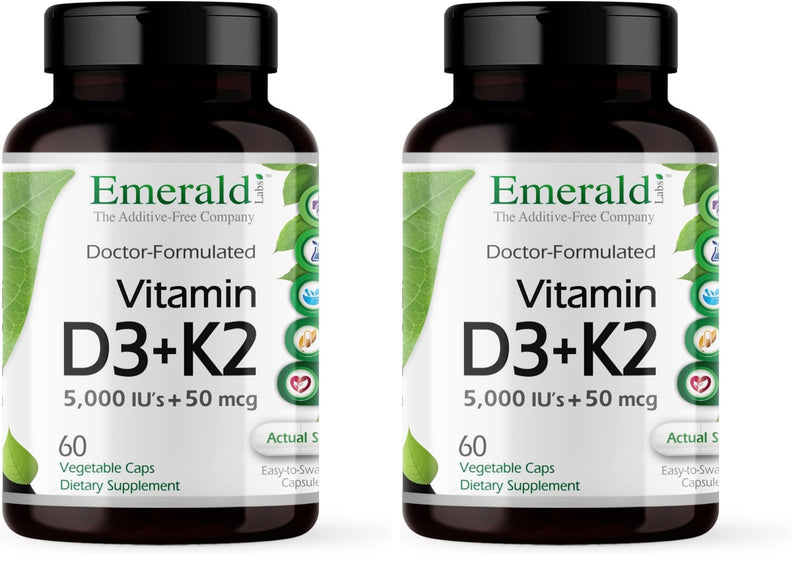 EMERALD LABS Vitamin D3+K2 5000 IU MK-7 - 60 Veg Capsules (Pack of 2) for Bone & Heart Health