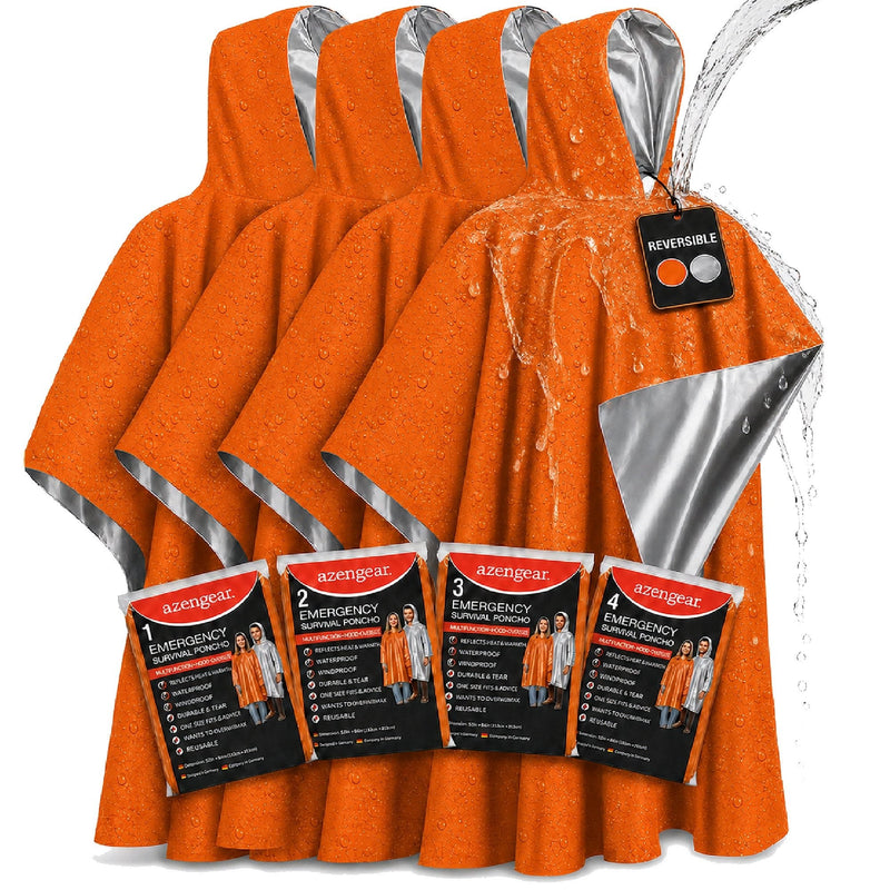 Emergency Survival Poncho (4pc) Thermal Mylar Foil Coating Blanket for Heat Retention and Rain | Reversible with Hood | Waterproof, Windproof, Portable, Hands-free, Outdoor Kit