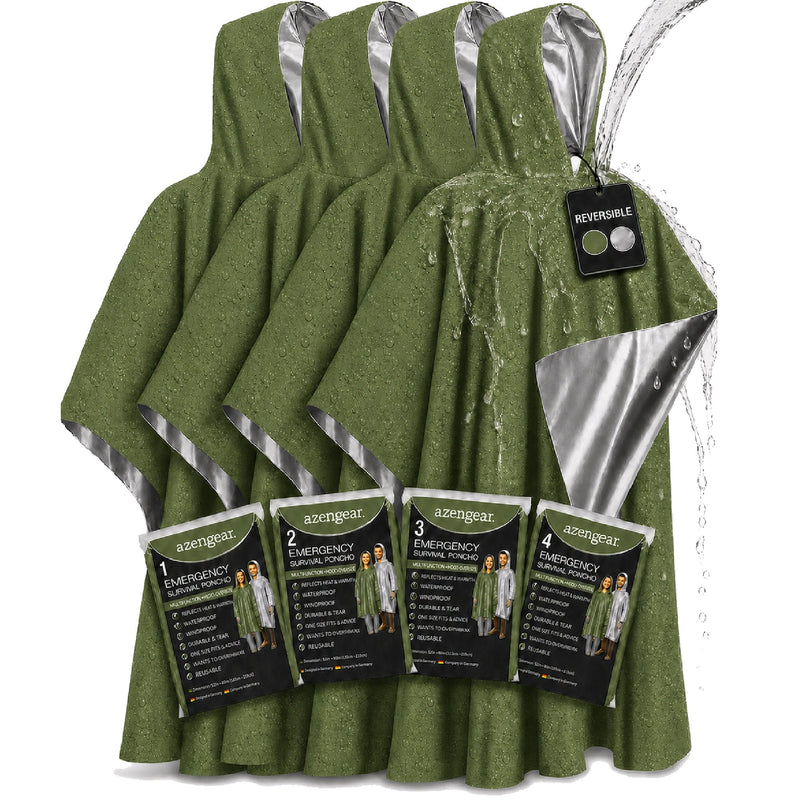 Emergency Survival Poncho (4pc) Thermal Mylar Foil Coating Blanket for Heat Retention and Rain | Reversible with Hood | Waterproof, Windproof, Portable, Hands-free, Outdoor Kit