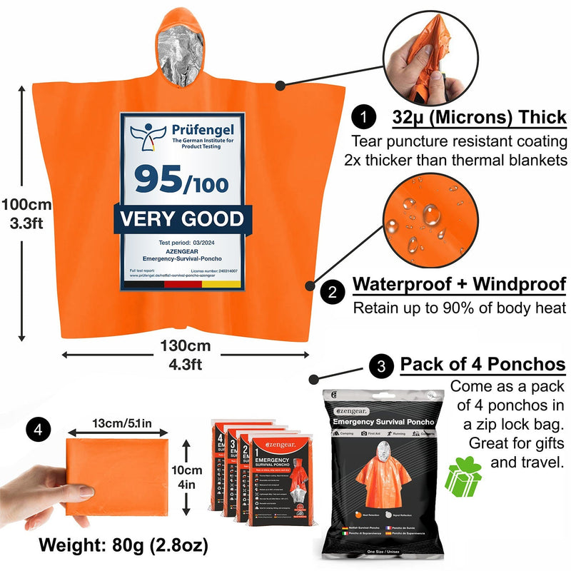 Emergency Survival Foil Poncho (4pc), Reversible