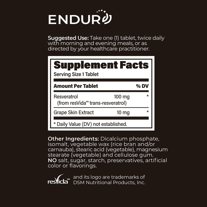 Endur Resveratrol 100mg – Healthy Aging & Cardiovascular Support (Gluten Free, 150 Tablets)