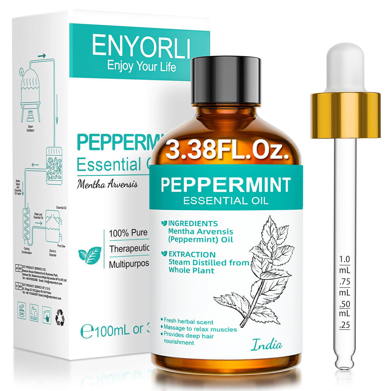 ENYORLI Peppermint Essential Oil 3.38 oz | 100% Natural, Undiluted, Therapeutic Grade