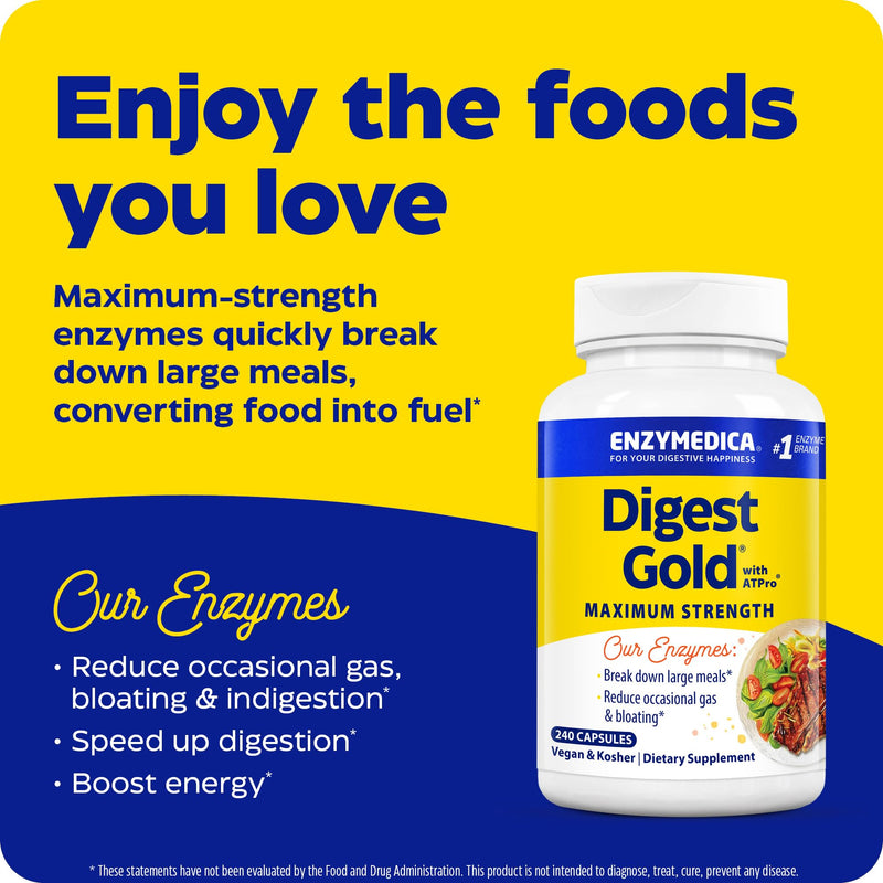 Enzymedica Digest Gold + ATPro – Maximum Strength Digestive Enzymes, 14 Key Enzymes, 240 Capsules