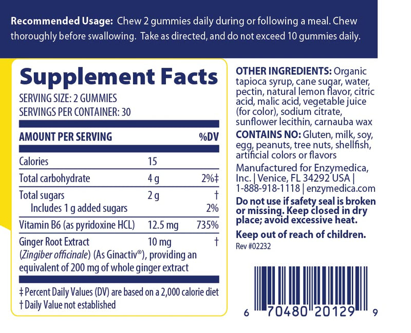 Enzymedica Ginger & Vitamin B6 Gummies — Support for Occasional Nausea & Indigestion, High Potency, 200 mg Ginger Equivalent, 60 Count