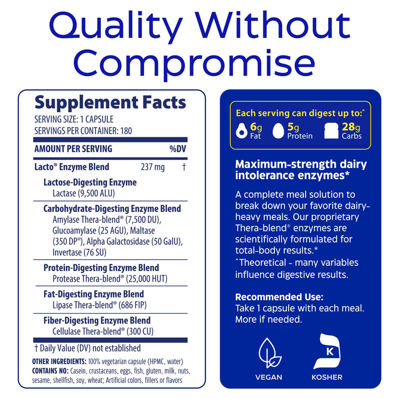 Enzymedica Lacto—Advanced Lactase Pills for Dairy Support | 180 Capsules