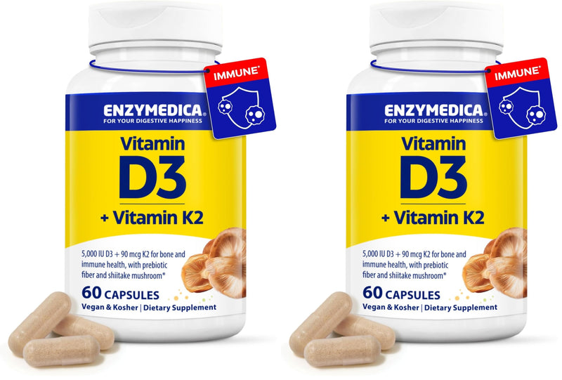 Enzymedica Organic Vitamin D3+K2 5,000 IU / 90 mcg MK-7 – Vegan, Shiitake & Prebiotic Fiber (60 Count Pack of 2)