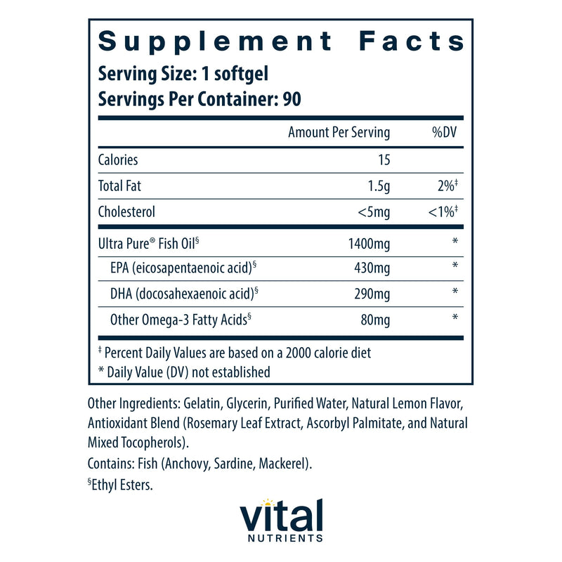 Vital Nutrients Ultra Pure Fish Oil 800 – High EPA & DHA Omega-3, Lemon, 90 Softgels