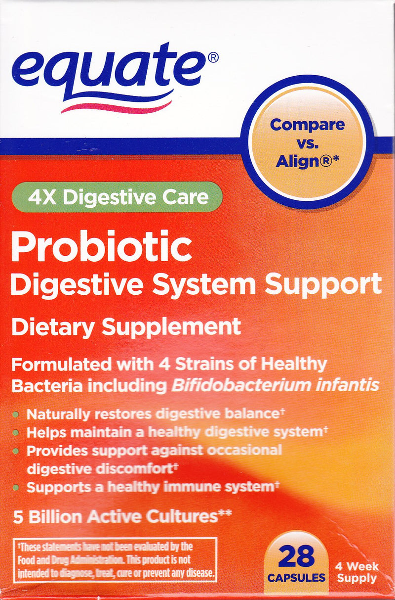 Equate Probiotic Digestive Support - 28 Capsules | 4X Digestive Care (Compare vs Align)