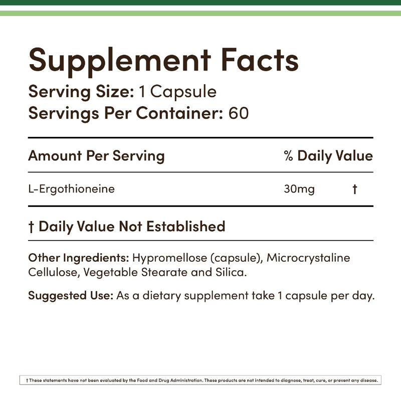 Ergothioneine 30mg Supplement - 60 Count, Plant-Based L-Ergothioneine (Non-GMO, Gluten Free, Vegan Safe) - Double Wood (Pack of 2)