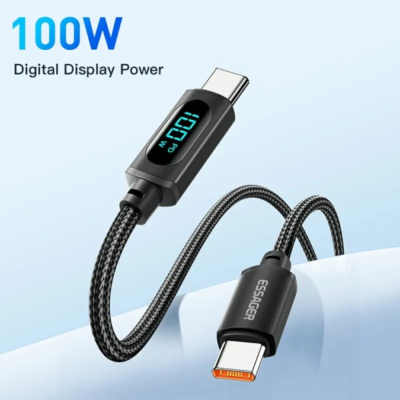 Essager LED Digital Display USB-C to USB-C Fast Charger Cable 100W PD 5A Charging