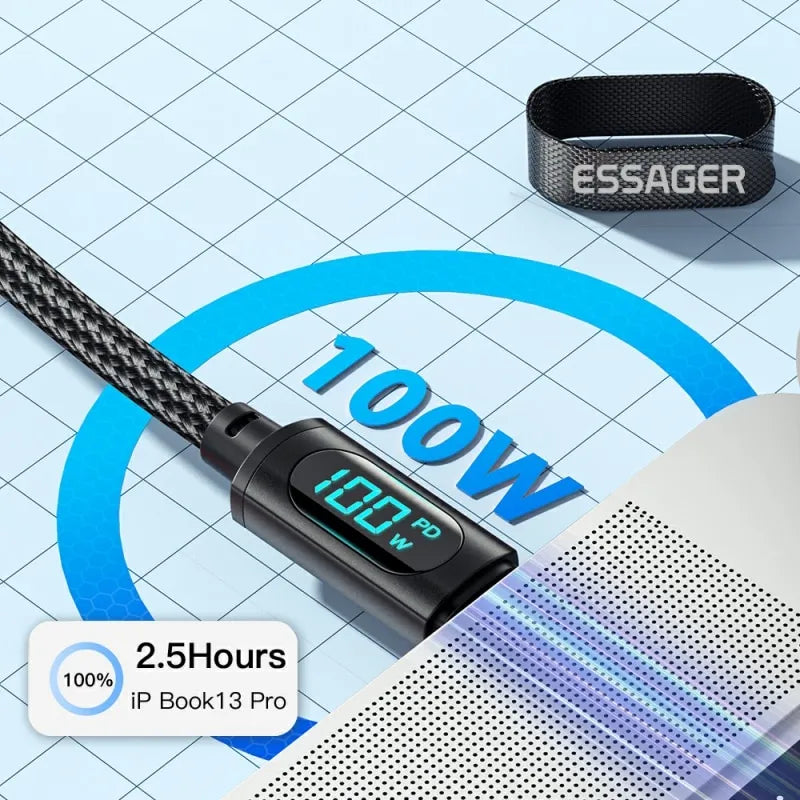 Essager LED Digital Display USB-C to USB-C Fast Charger Cable 100W PD 5A Charging