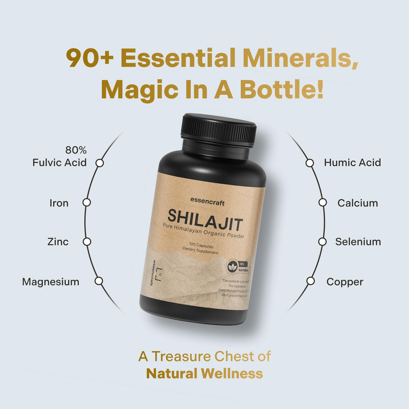 Essencraft Organic Himalayan Shilajit Resin Extract – 1000mg Max Potency, 85+ Minerals, Lab Tested, 2-Month Supply (120 Capsules)