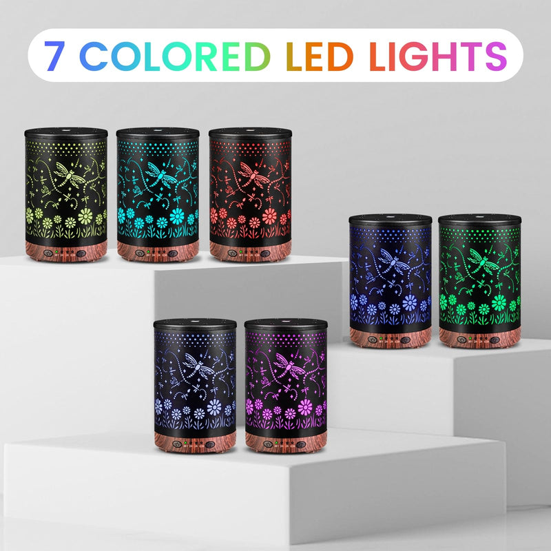 Essential Oil Diffuser 120ML – Metal Aromatherapy Diffuser with Auto Shut-Off, 7 Color LED Lights (Dragonfly)