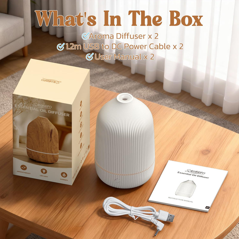Essential Oil Diffuser 2-Pack - 100ml Ultrasonic Mini Diffuser, White | Auto Shut-Off, 7 LED Lights