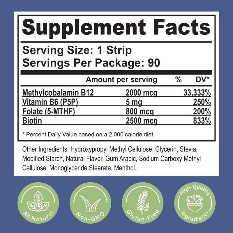 Essential Source 2,000 mcg Methylcobalamin B12 Sublingual Strips – Biotin, B6, 5-MTHF (5 Strips) | Energy, Brain & Nerve Support