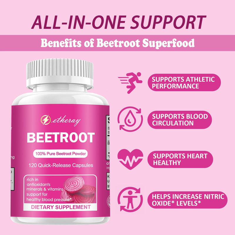Etheray Beetroot Capsules – 120 Count, Pure Beet Root Powder, 60 Days Supply