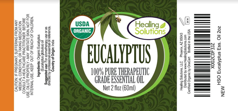 Healing Solutions Organic Eucalyptus Essential Oil 60ml/2oz – Pure Eucalyptus for Diffusers