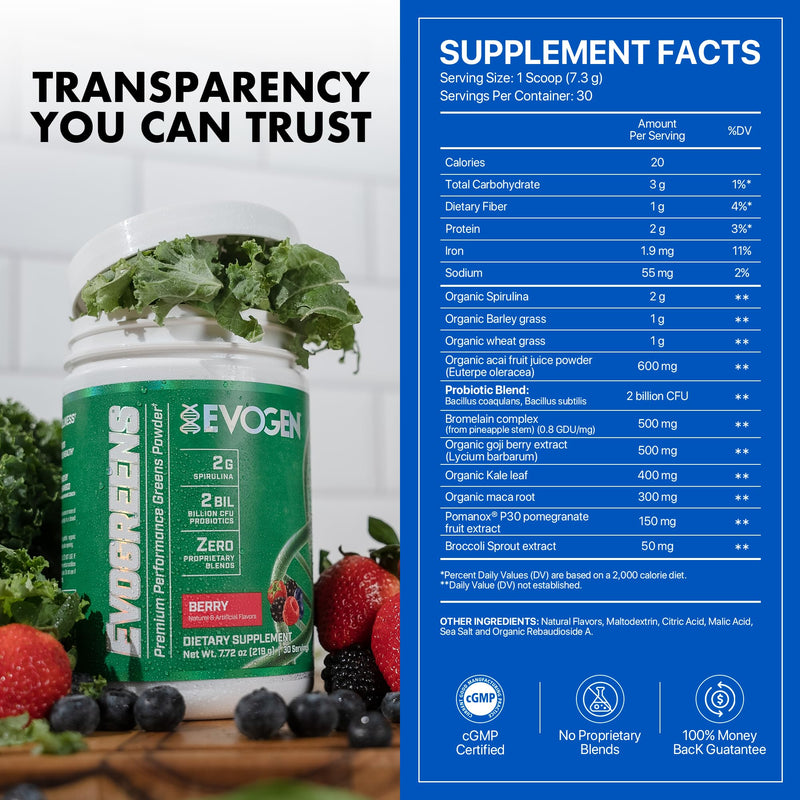 Evogen Evogreens - Super Greens Powder | Recovery, Wellness & Immunity | Berry | 30 Servings