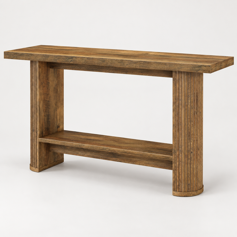 Rustic Brown 140cm Fluted Console Table with Lower Shelf