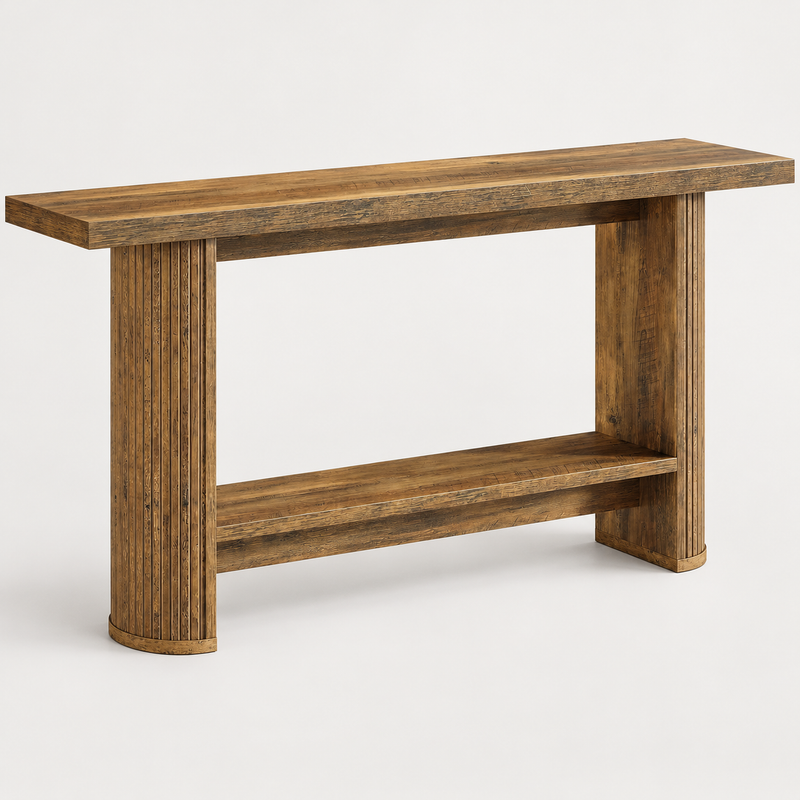 Rustic Brown 140cm Fluted Console Table with Lower Shelf