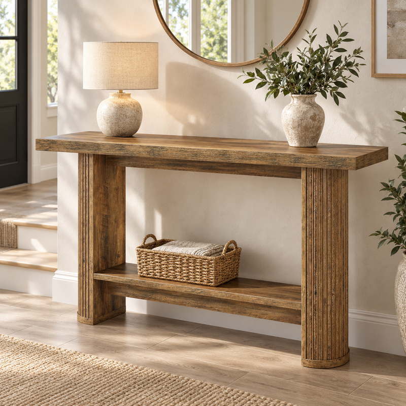 Rustic Brown 140cm Fluted Console Table with Lower Shelf