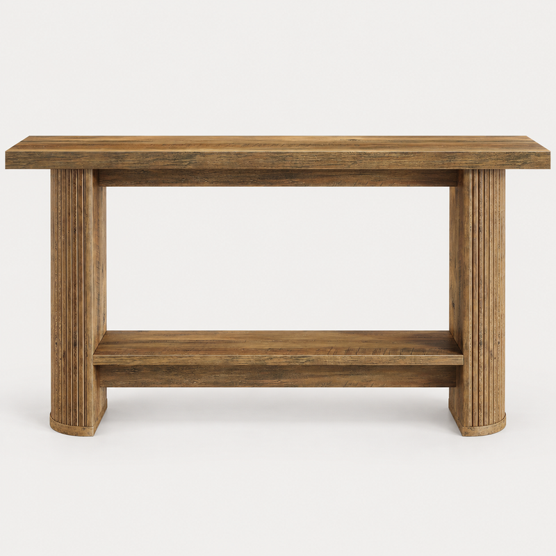 Rustic Brown 140cm Fluted Console Table with Lower Shelf