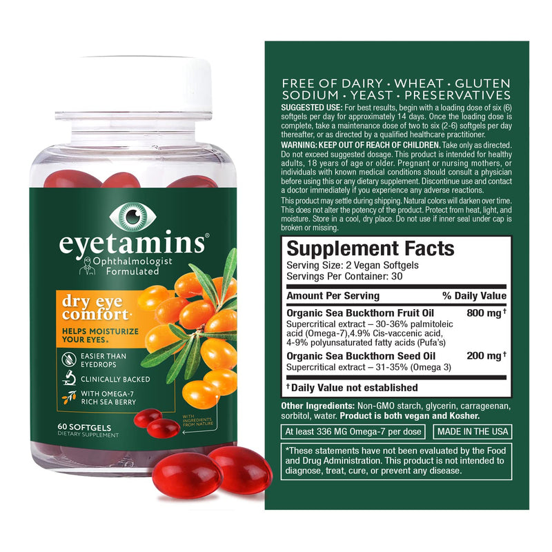 eyetamins Dry Eye Comfort - 60 Softgels | Ophthalmologist-Formulated, Himalayan Sea Buckthorn Oil