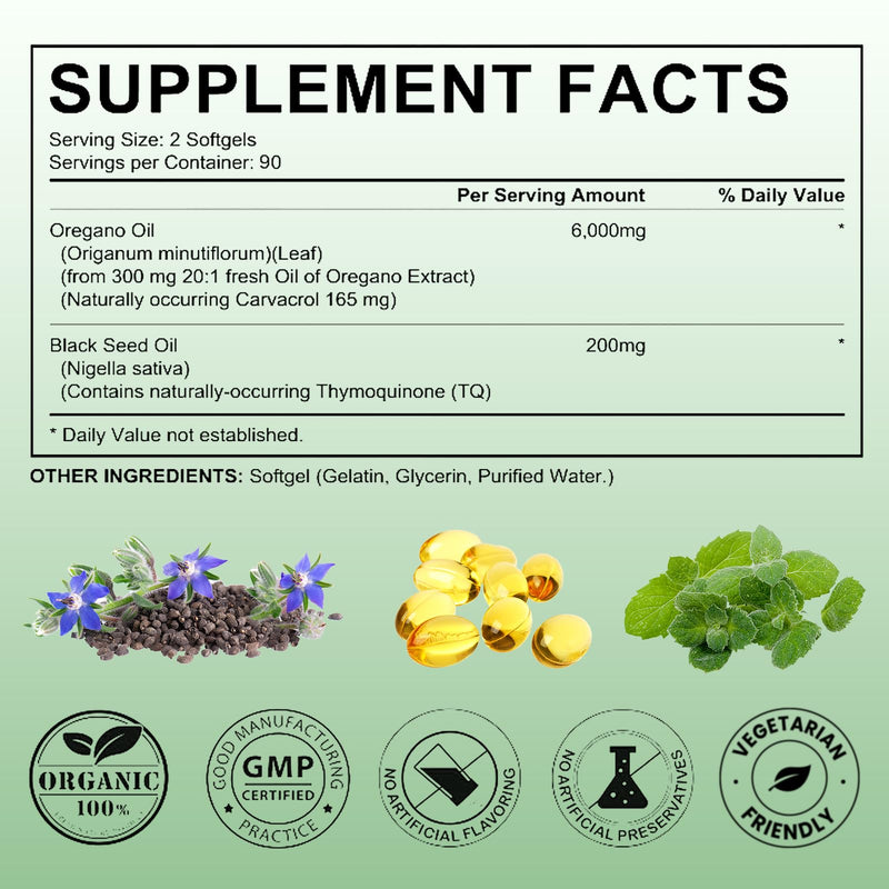 Eyowea Oil of Oregano with Black Seed Oil - 2 in 1, 6000mg Capsules, Non-GMO & Gluten Free, 180 Count