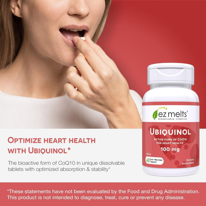 EZ Melts Ubiquinol 100 mg CoQ10—Heart Health & Energy Support, Apple Flavor, 120 Dissolvable Tablets