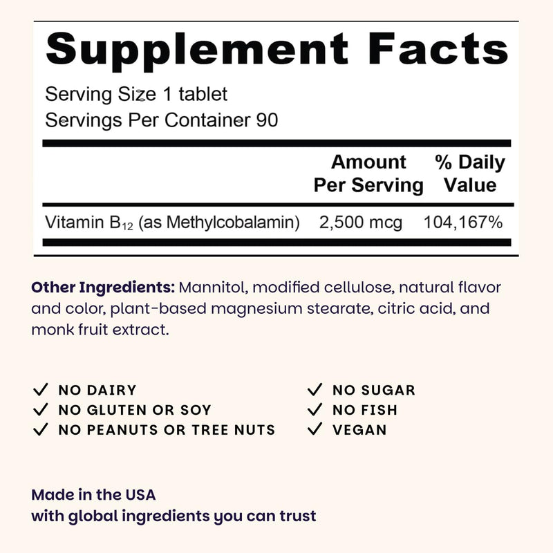 EZ Melts B12 2,500 mcg | Vegan Sublingual Vitamin B12 for Energy & Immune Support – Non-GMO, Gluten-Free, Red Cherry, 90 Servings