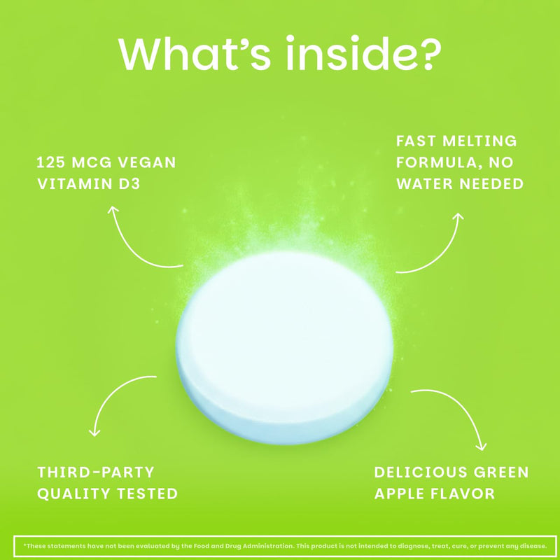 EZ Melts Dissolvable Vitamin D3 5,000 IU – Vegan, Plant-Based, Non-GMO | 90 Tablets, Green Apple