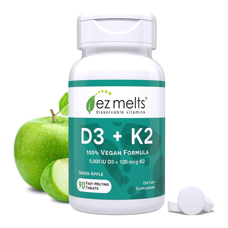 EZ Melts D3 + K2 5000 IU – Vegan, Non-GMO, Green Apple, 90 Tablets