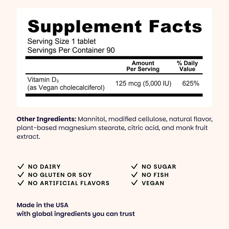 EZ Melts Dissolvable Vitamin D3 5,000 IU – Vegan, Plant-Based, Non-GMO | 90 Tablets, Green Apple