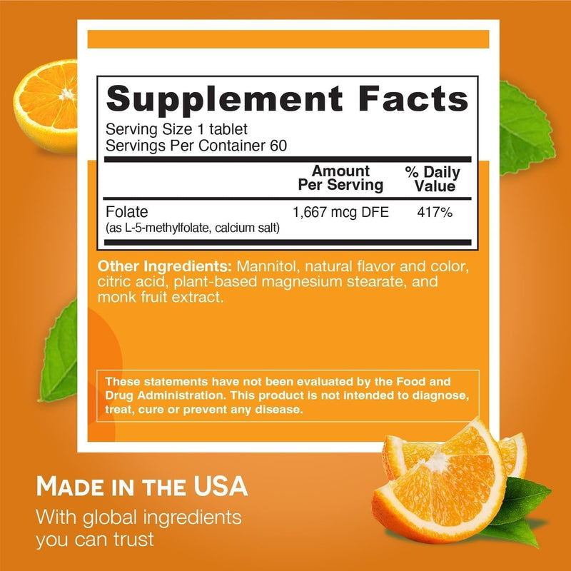 EZ Melts Folate 1,667 mcg DFE – Dissolvable, Methylated Folate for Heart Health & Fetal Development – Non-GMO, Vegan, Dairy-Free – Orange Blast (120 Servings)