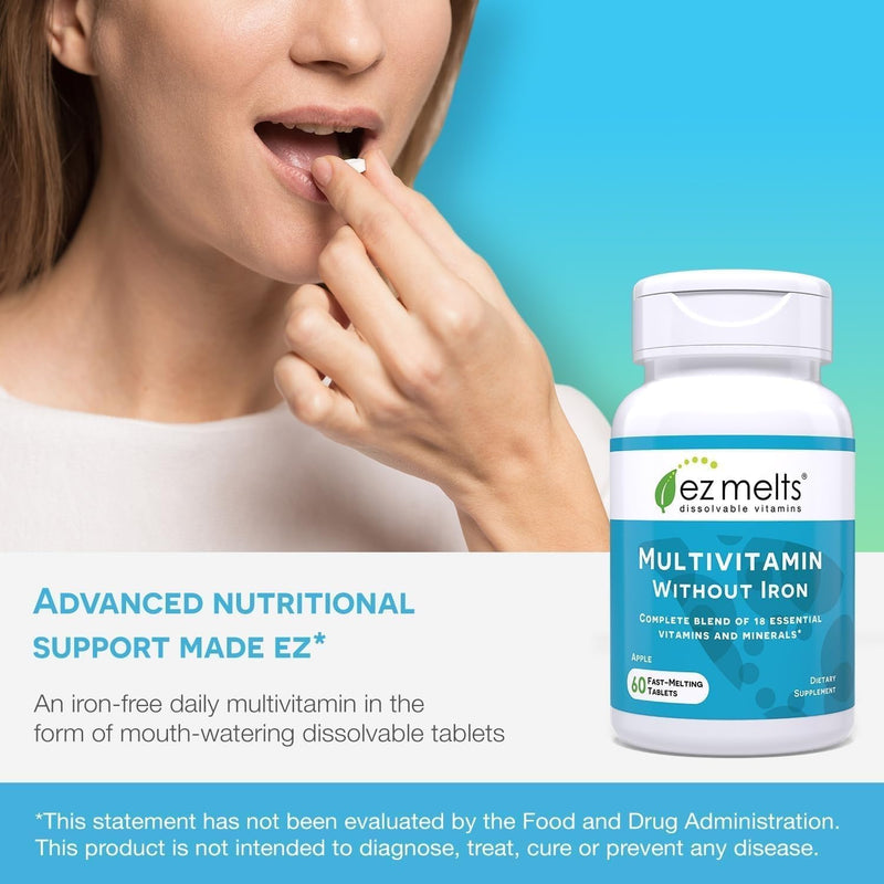 EZ Melts Multivitamin Without Iron – Apple Flavor, 18 Vitamins & Minerals, 120 Fast-Dissolve Tablets