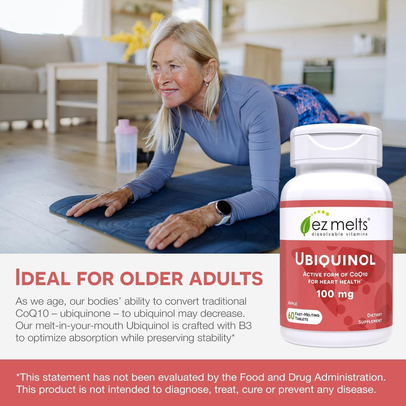 EZ Melts Ubiquinol 100 mg CoQ10—Heart Health & Energy Support, Apple Flavor, 120 Dissolvable Tablets