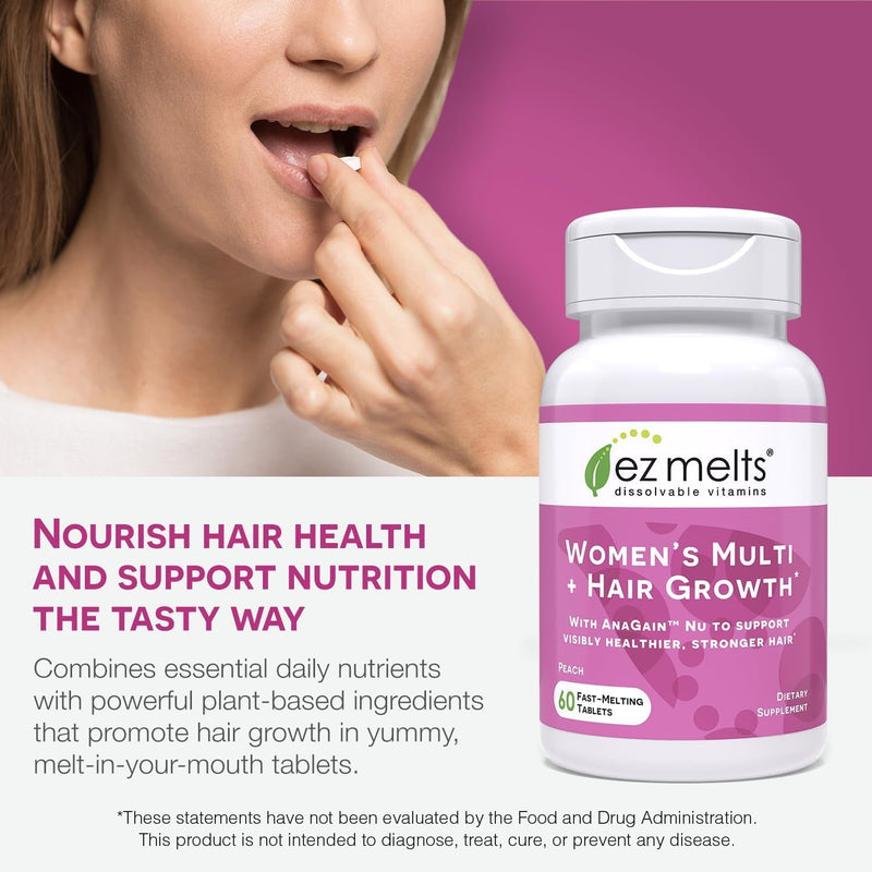 EZ Melts Women's Multi + Hair Growth – Peach Dissolvable Multivitamin for Women (60 Tablets) – Vegan & Non-GMO