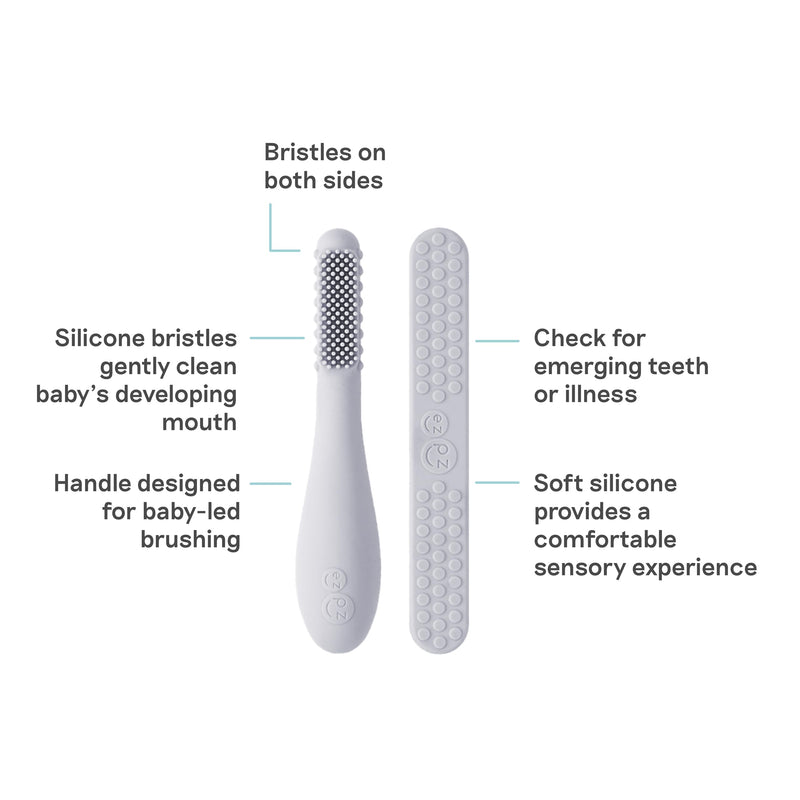 ezpz Baby-Led Toothbrush + Tongue Depressor Dual Pack (Pewter) – 100% Silicone Toothbrush & Silicone/Stainless Steel Tongue Depressor