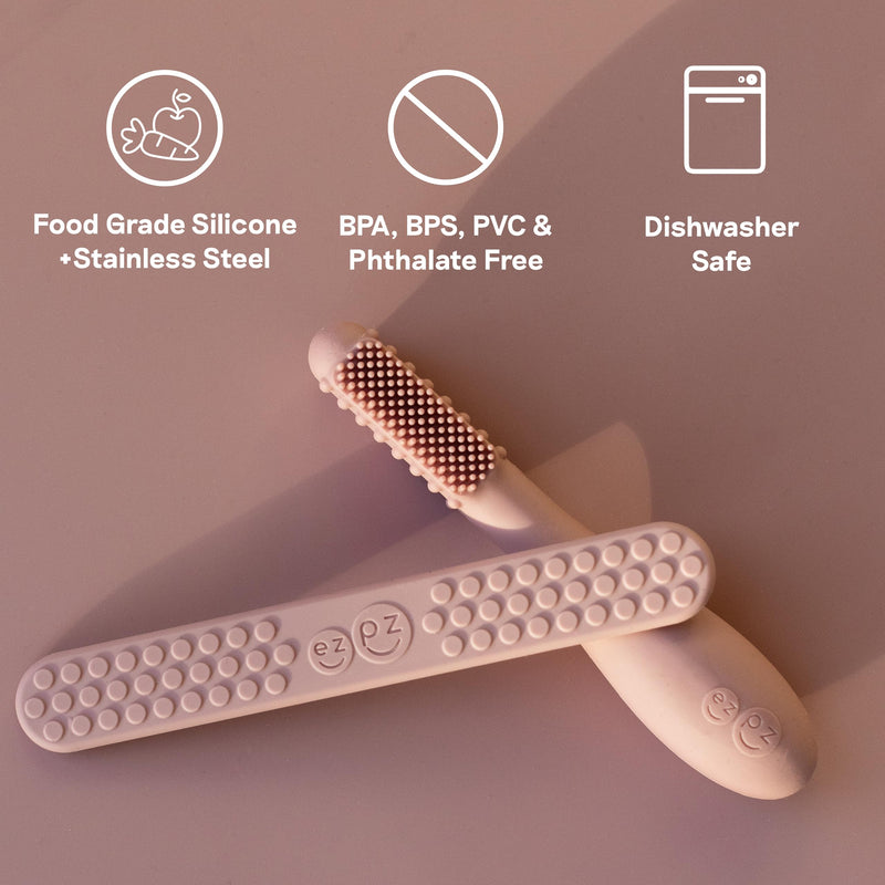 ezpz Baby-Led Toothbrush + Tongue Depressor Dual Pack (Sage) – 100% Silicone Toothbrush + Silicone/Stainless Steel Tongue Depressor