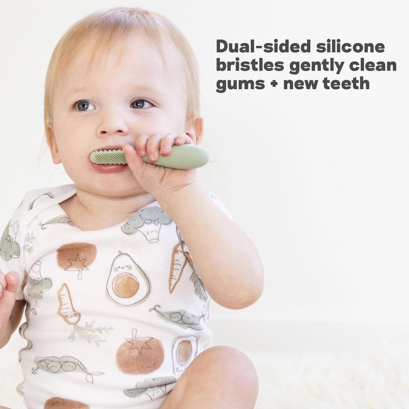 ezpz Baby-Led Toothbrush + Tongue Depressor Dual Pack (Sage) – 100% Silicone Toothbrush + Silicone/Stainless Steel Tongue Depressor