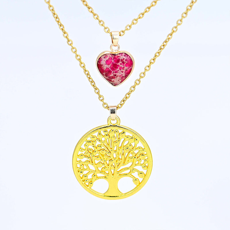 2-layer Red Heart Emperor Stone Life Tree Pendant Necklace