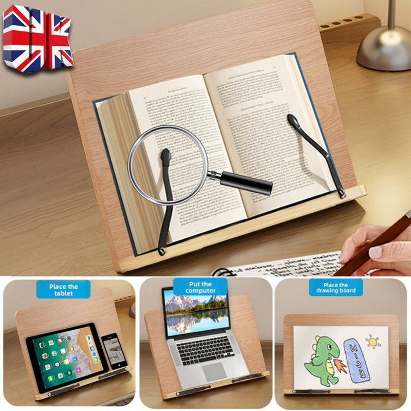 Adjustable Book Stand Wooden Reading Rest, Recipe Cookbook Holder Stand Clip UK