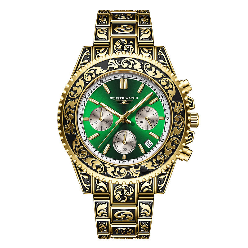 Vintage Engraving Quartz Multi-function Men's Watch