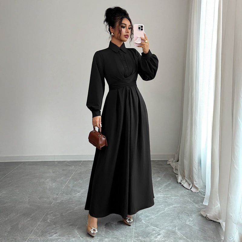Women's Solid-Color Simple And Stylish Button-Down Long-Sleeve Dress